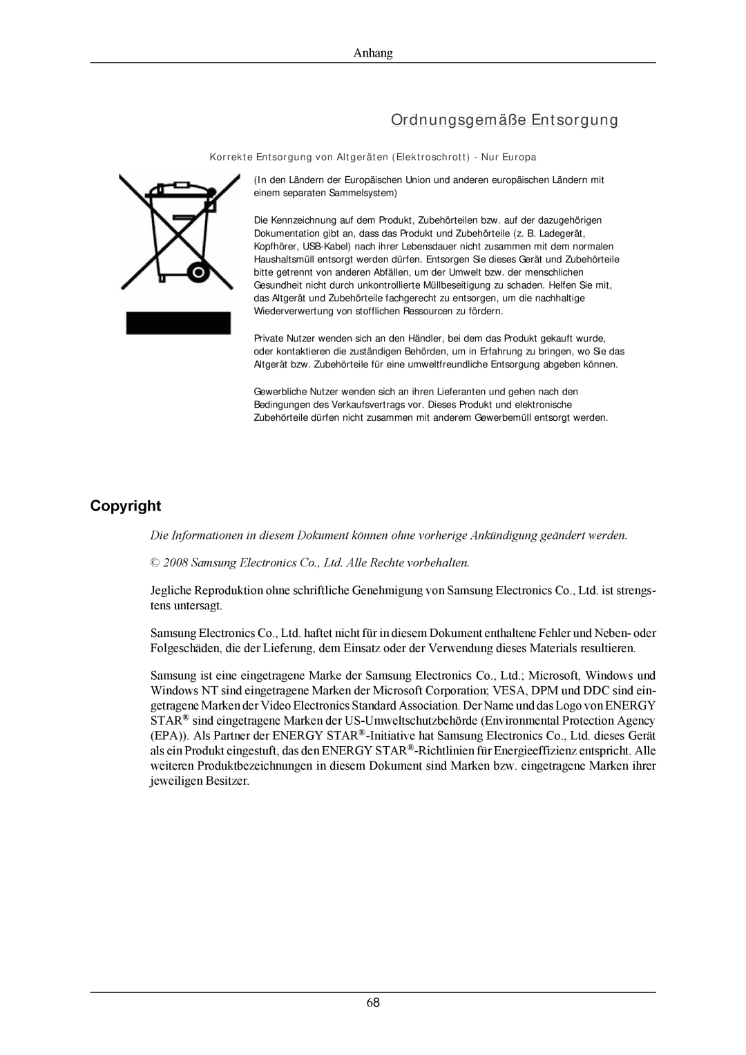 Samsung LS20AQWJFV/EDC, LS22AQWJFV/EDC manual Ordnungsgemäße Entsorgung, Copyright 