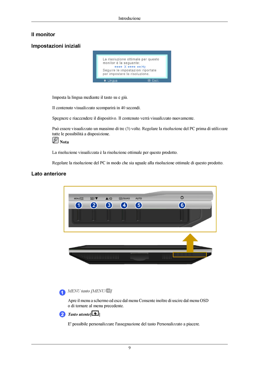 Samsung LS22AQWJFV/EDC, LS20AQWJFV/EDC manual Il monitor Impostazioni iniziali, Lato anteriore 