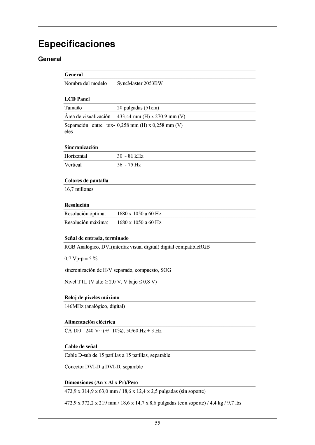 Samsung LS22AQWJFV/EDC, LS20AQWJFV/EDC manual Especificaciones, General 