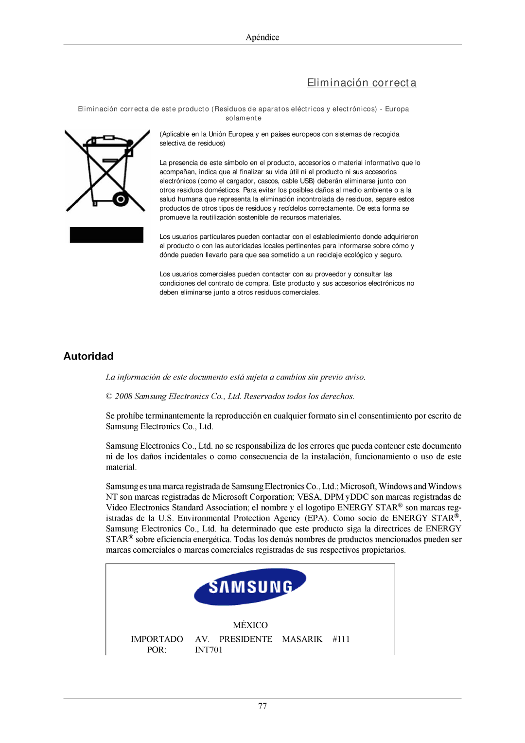 Samsung LS22AQWJFV/EDC, LS20AQWJFV/EDC manual Eliminación correcta, Autoridad 