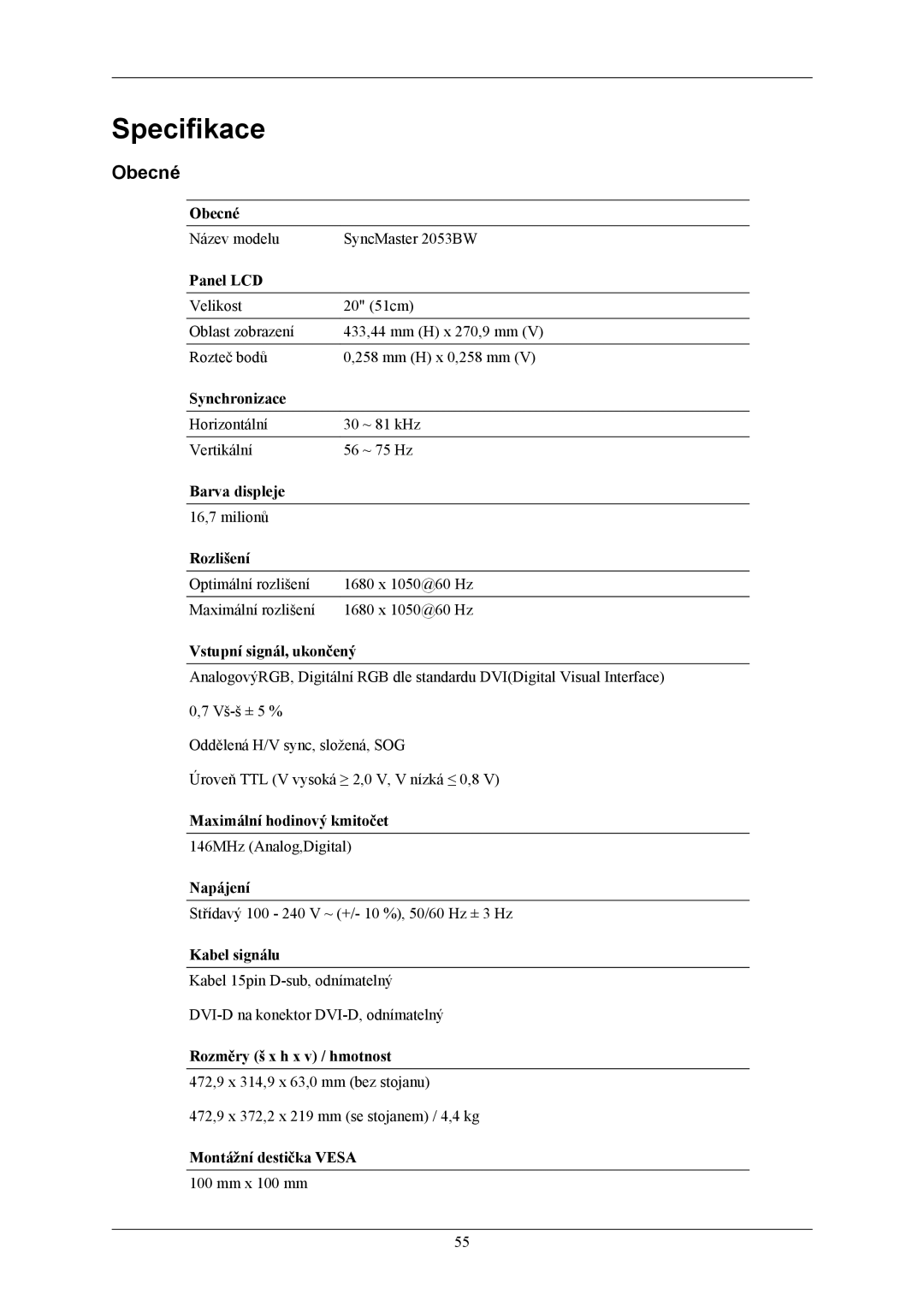 Samsung LS22AQWJFV/EDC, LS20AQWJFV/EDC manual Specifikace, Obecné 