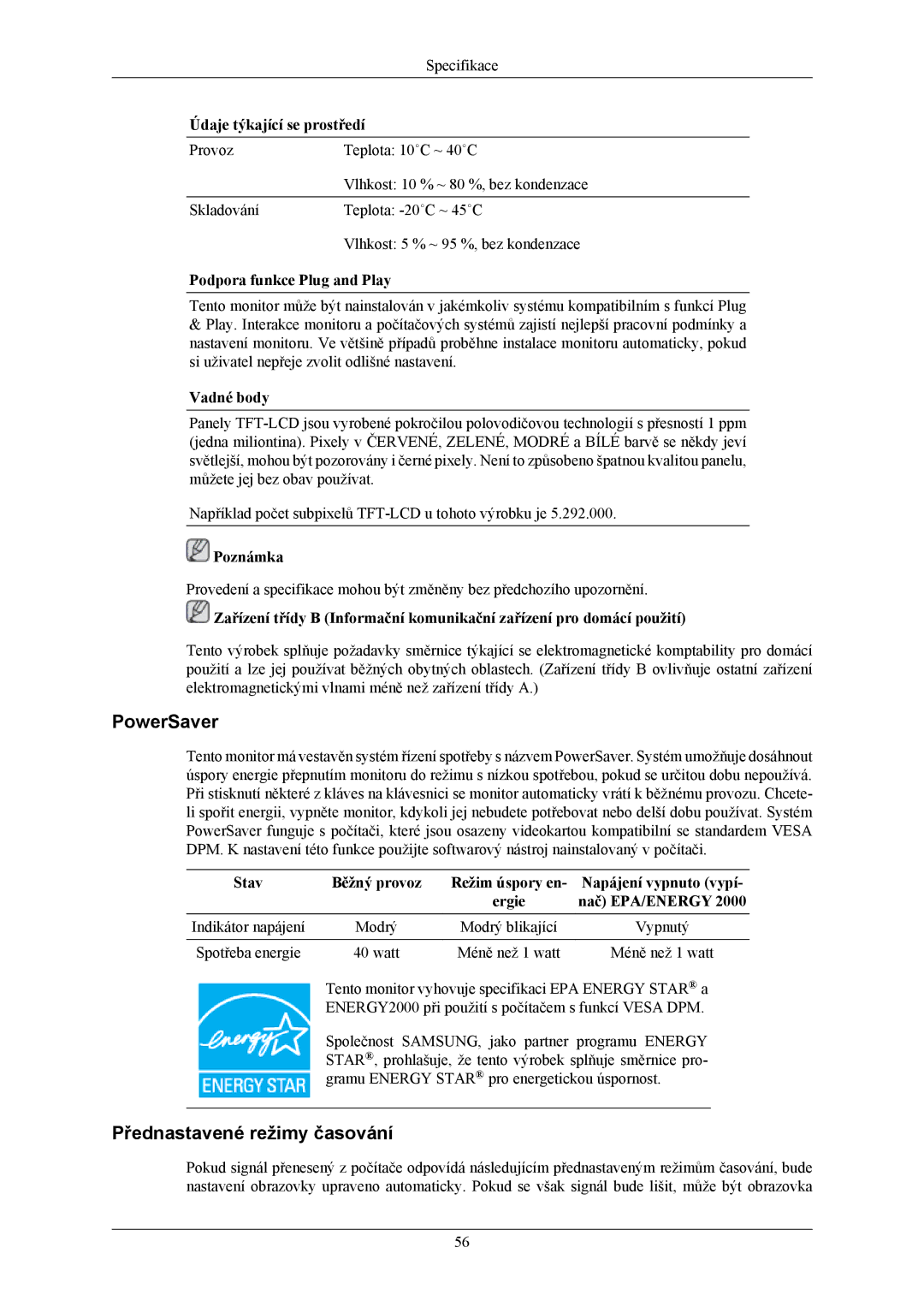 Samsung LS20AQWJFV/EDC, LS22AQWJFV/EDC manual PowerSaver, Přednastavené režimy časování 