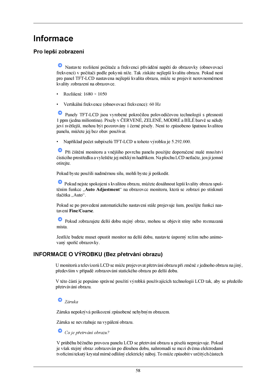 Samsung LS20AQWJFV/EDC, LS22AQWJFV/EDC manual Pro lepší zobrazení, Informace O Výrobku Bez přetrvání obrazu 