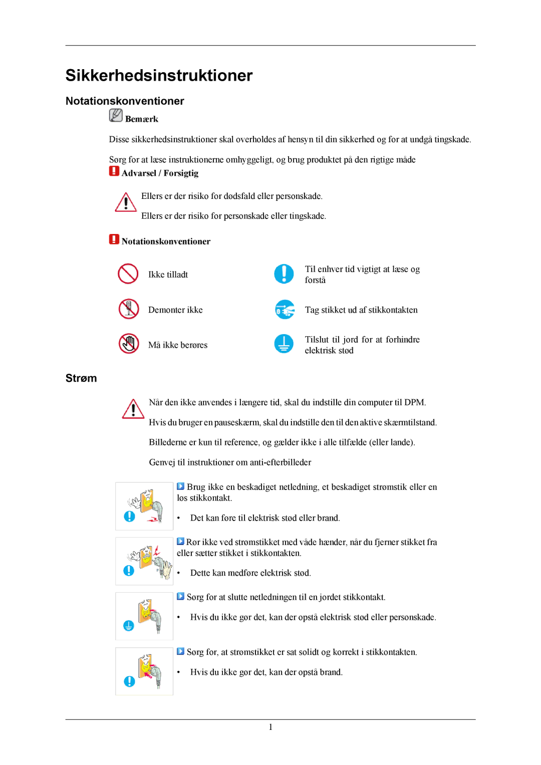 Samsung LS20AQWJFV/EDC, LS22AQWJFV/EDC manual Sikkerhedsinstruktioner, Notationskonventioner, Strøm, Bemærk 