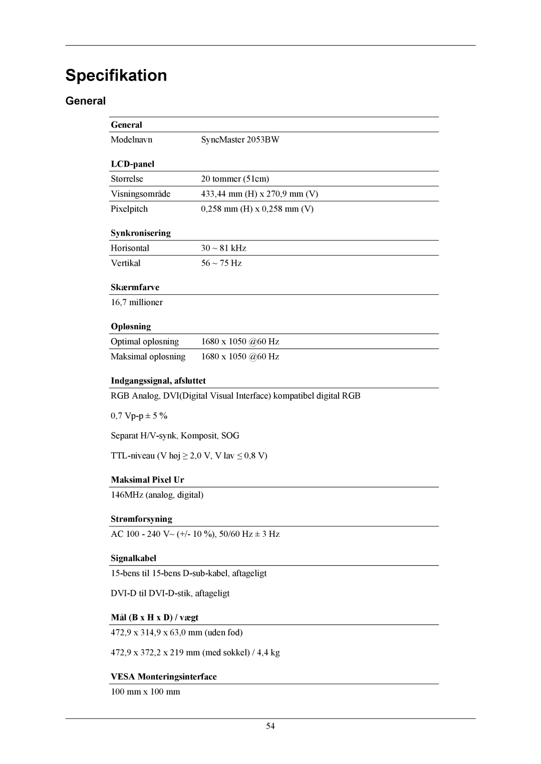 Samsung LS22AQWJFV/EDC, LS20AQWJFV/EDC manual Specifikation, General 