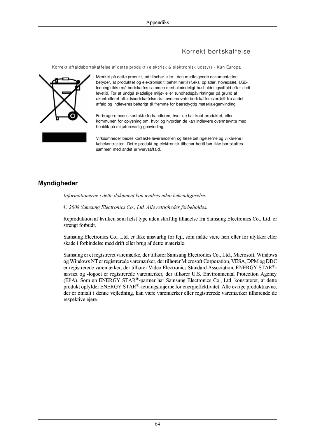 Samsung LS20AQWJFV/EDC, LS22AQWJFV/EDC manual Korrekt bortskaffelse, Myndigheder 