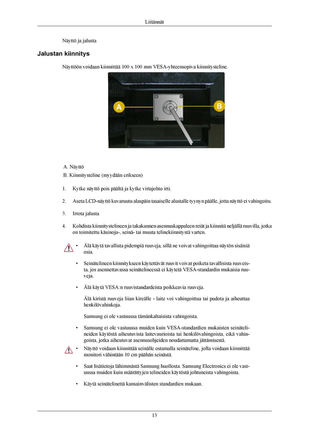 Samsung LS22AQWJFV/EDC, LS20AQWJFV/EDC manual Jalustan kiinnitys 