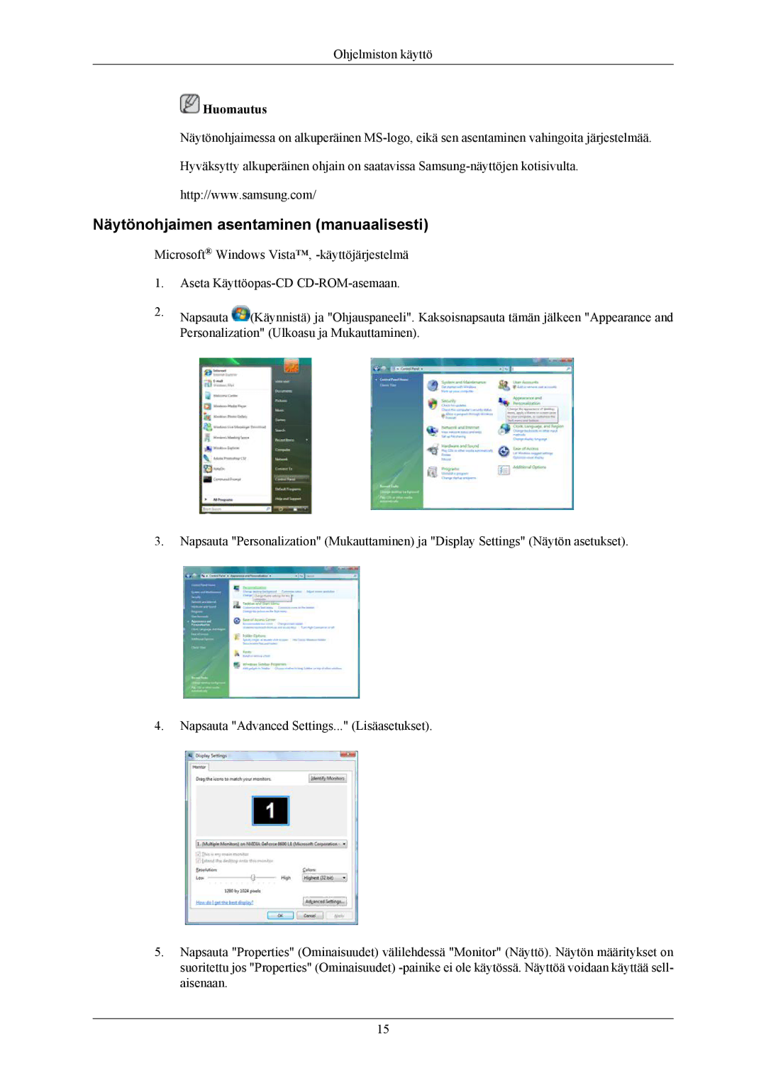 Samsung LS22AQWJFV/EDC, LS20AQWJFV/EDC manual Näytönohjaimen asentaminen manuaalisesti 