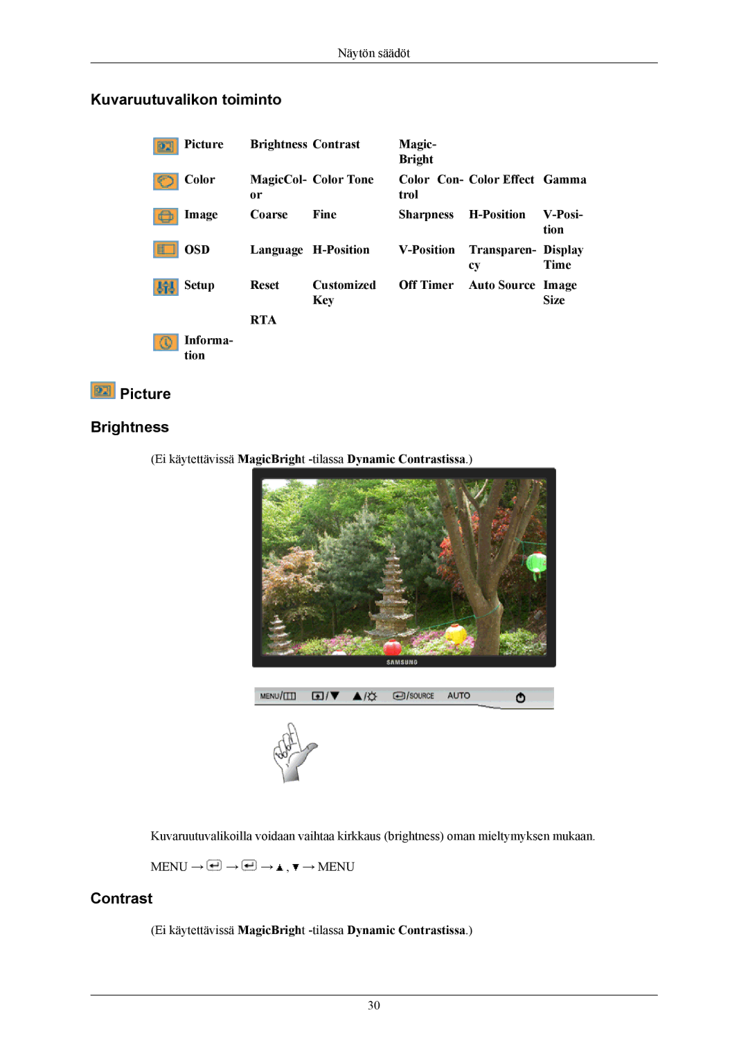 Samsung LS20AQWJFV/EDC, LS22AQWJFV/EDC manual Kuvaruutuvalikon toiminto, Picture Brightness, Contrast, Informa- tion 