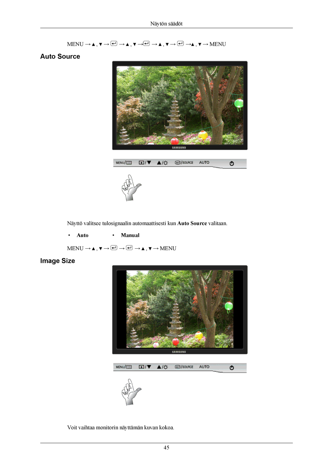 Samsung LS22AQWJFV/EDC, LS20AQWJFV/EDC manual Auto Source, Image Size, Auto Manual 