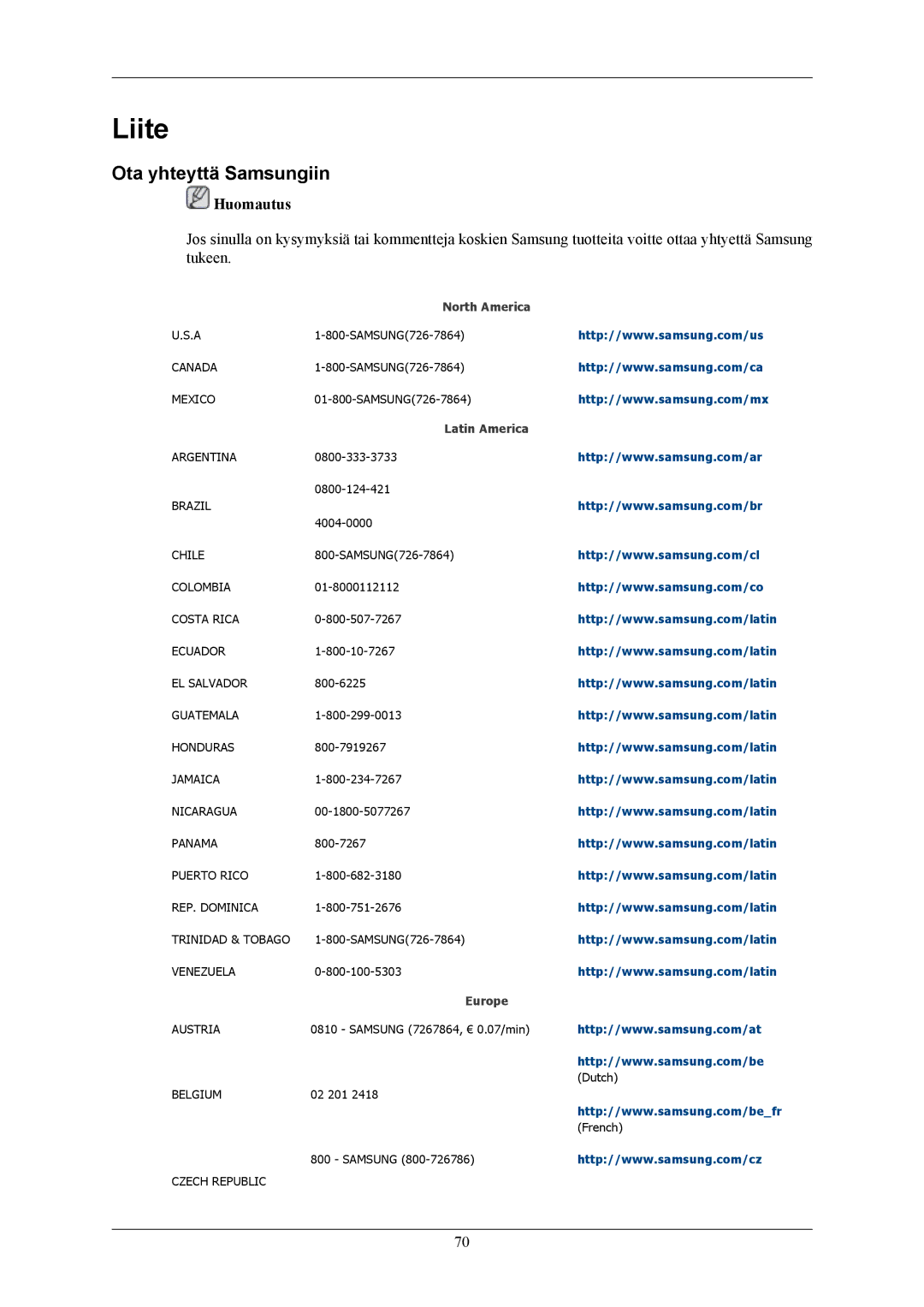 Samsung LS22AQWJFV/EDC, LS20AQWJFV/EDC manual Liite, Ota yhteyttä Samsungiin 