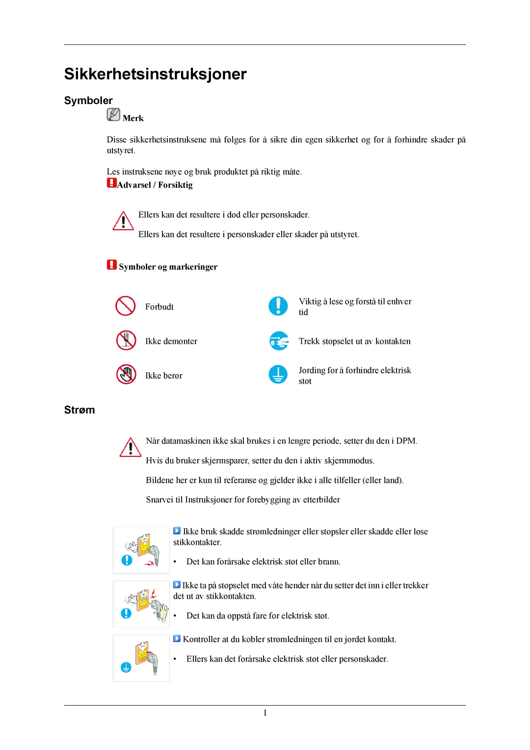 Samsung LS20AQWJFV/EDC, LS22AQWJFV/EDC manual Sikkerhetsinstruksjoner, Strøm, Merk, Symboler og markeringer 