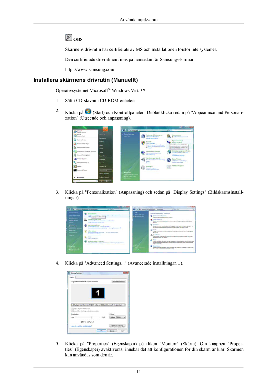 Samsung LS20AQWJFV/EDC, LS22AQWJFV/EDC manual Installera skärmens drivrutin Manuellt 