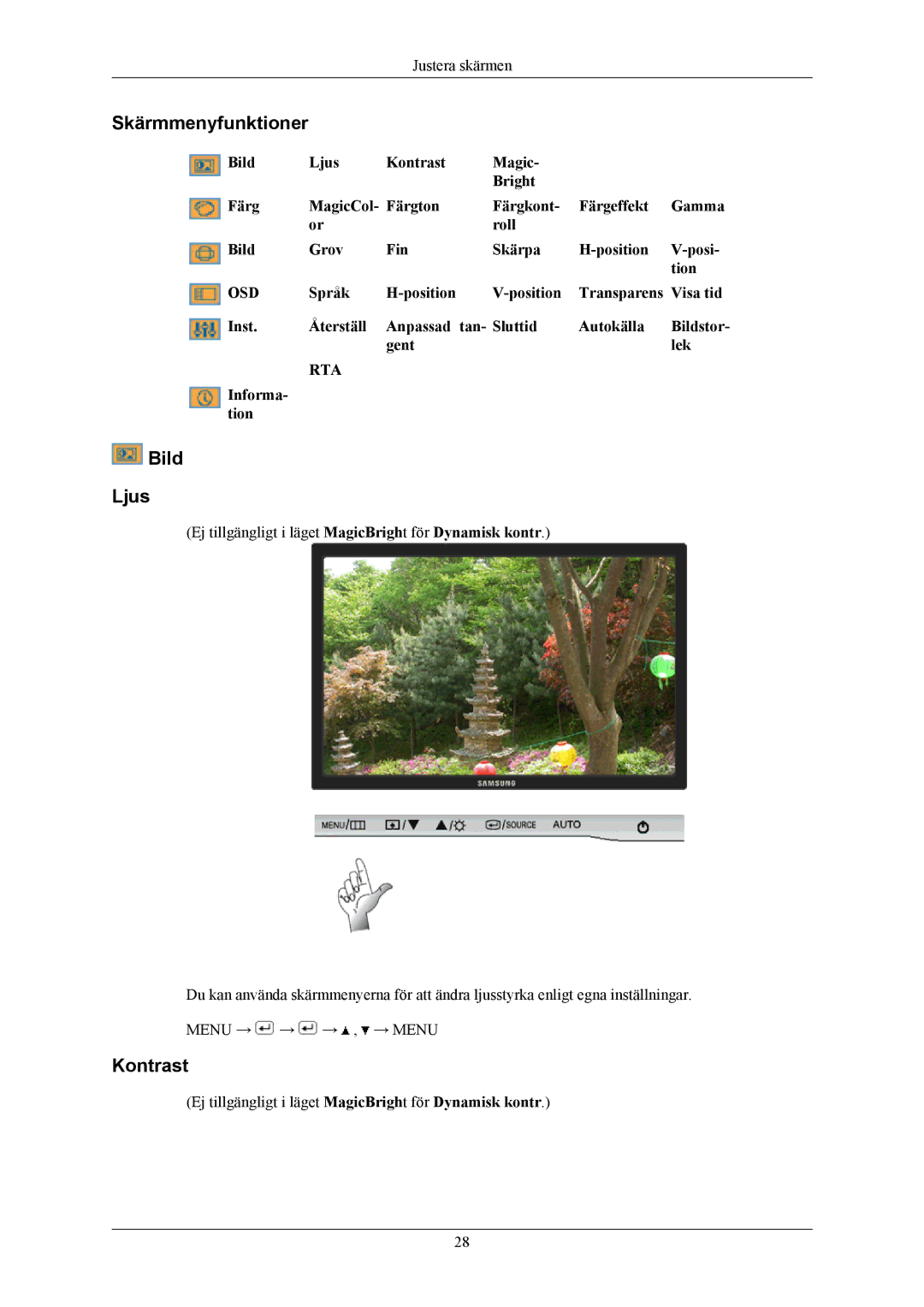 Samsung LS20AQWJFV/EDC, LS22AQWJFV/EDC manual Skärmmenyfunktioner, Bild Ljus, Kontrast 