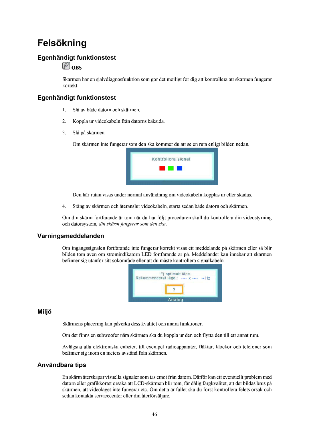 Samsung LS20AQWJFV/EDC, LS22AQWJFV/EDC Felsökning, Egenhändigt funktionstest, Varningsmeddelanden, Miljö, Användbara tips 