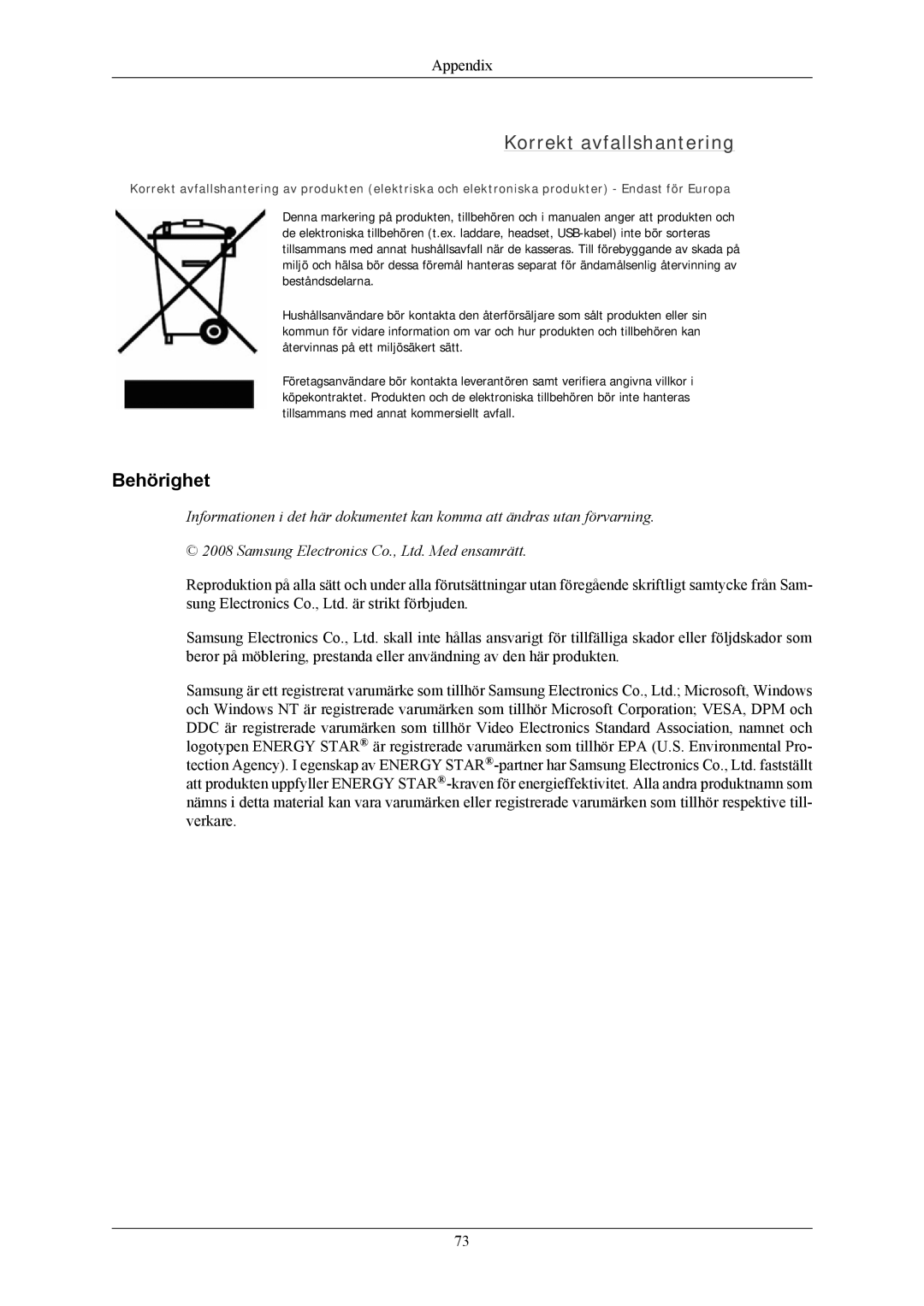 Samsung LS22AQWJFV/EDC, LS20AQWJFV/EDC manual Korrekt avfallshantering, Behörighet 