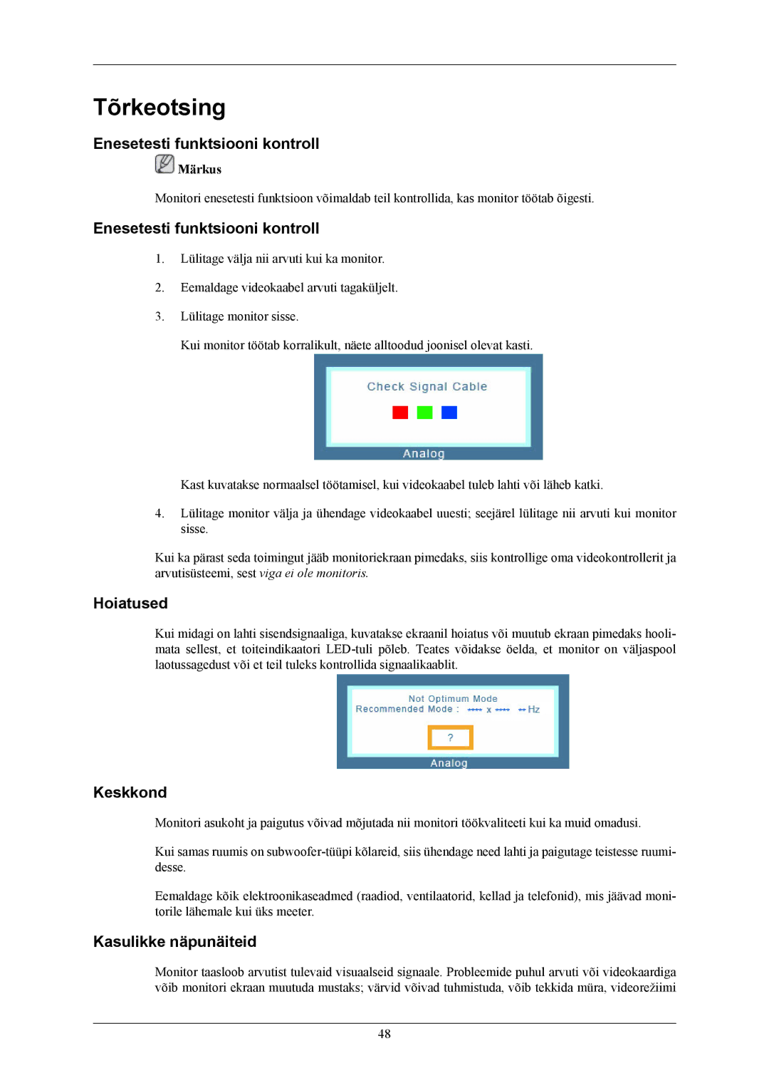 Samsung LS20AQWJFV/EDC manual Tõrkeotsing, Enesetesti funktsiooni kontroll, Hoiatused, Keskkond, Kasulikke näpunäiteid 