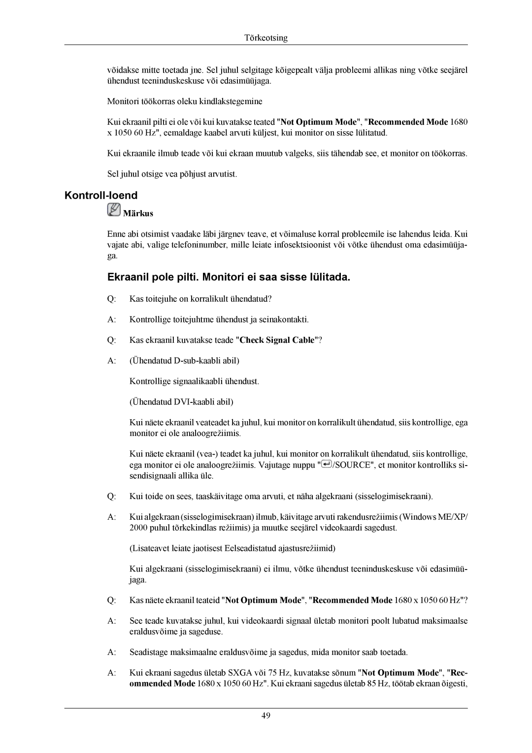 Samsung LS22AQWJFV/EDC, LS20AQWJFV/EDC manual Kontroll-loend, Ekraanil pole pilti. Monitori ei saa sisse lülitada 