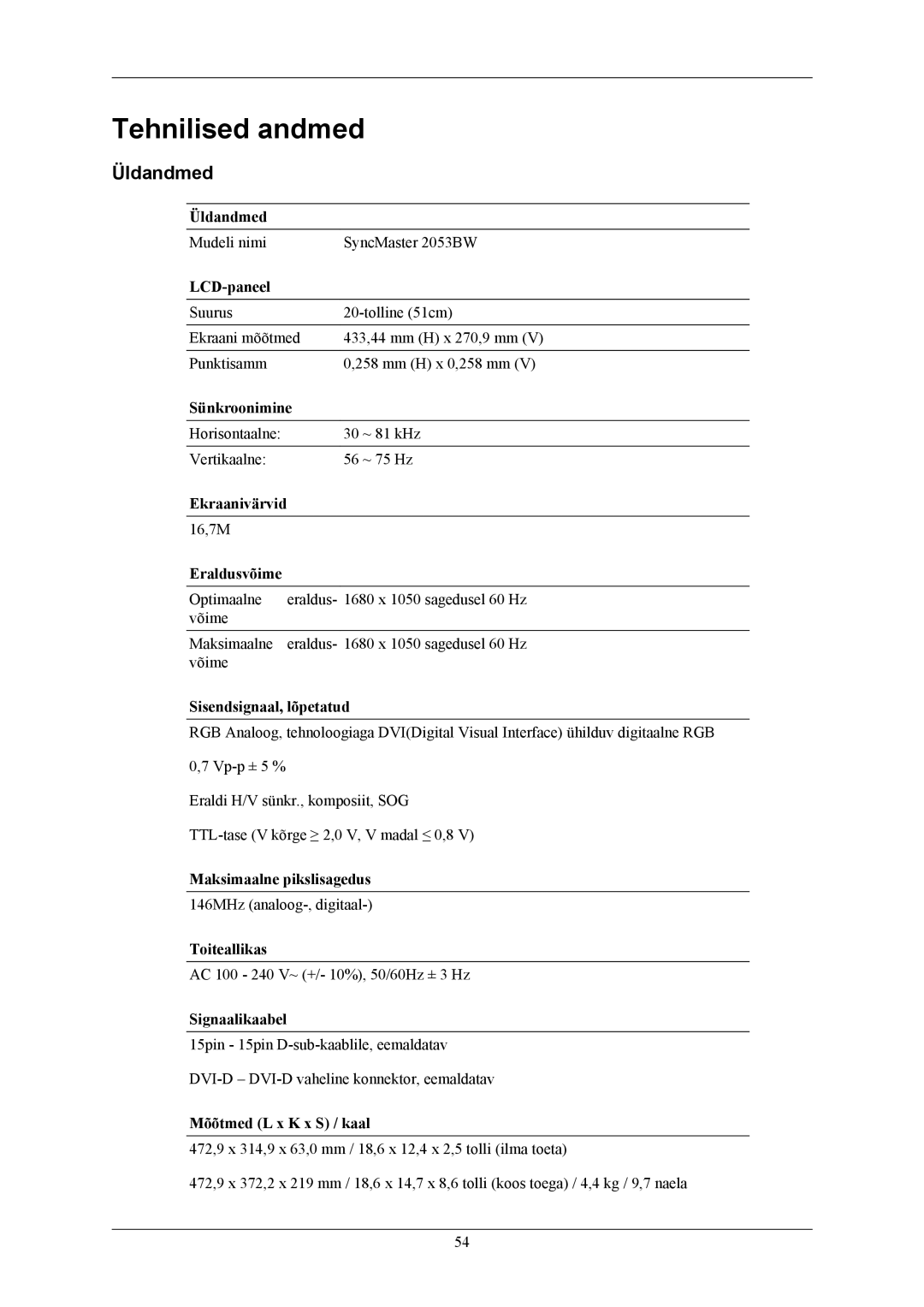 Samsung LS20AQWJFV/EDC, LS22AQWJFV/EDC manual Tehnilised andmed, Üldandmed 