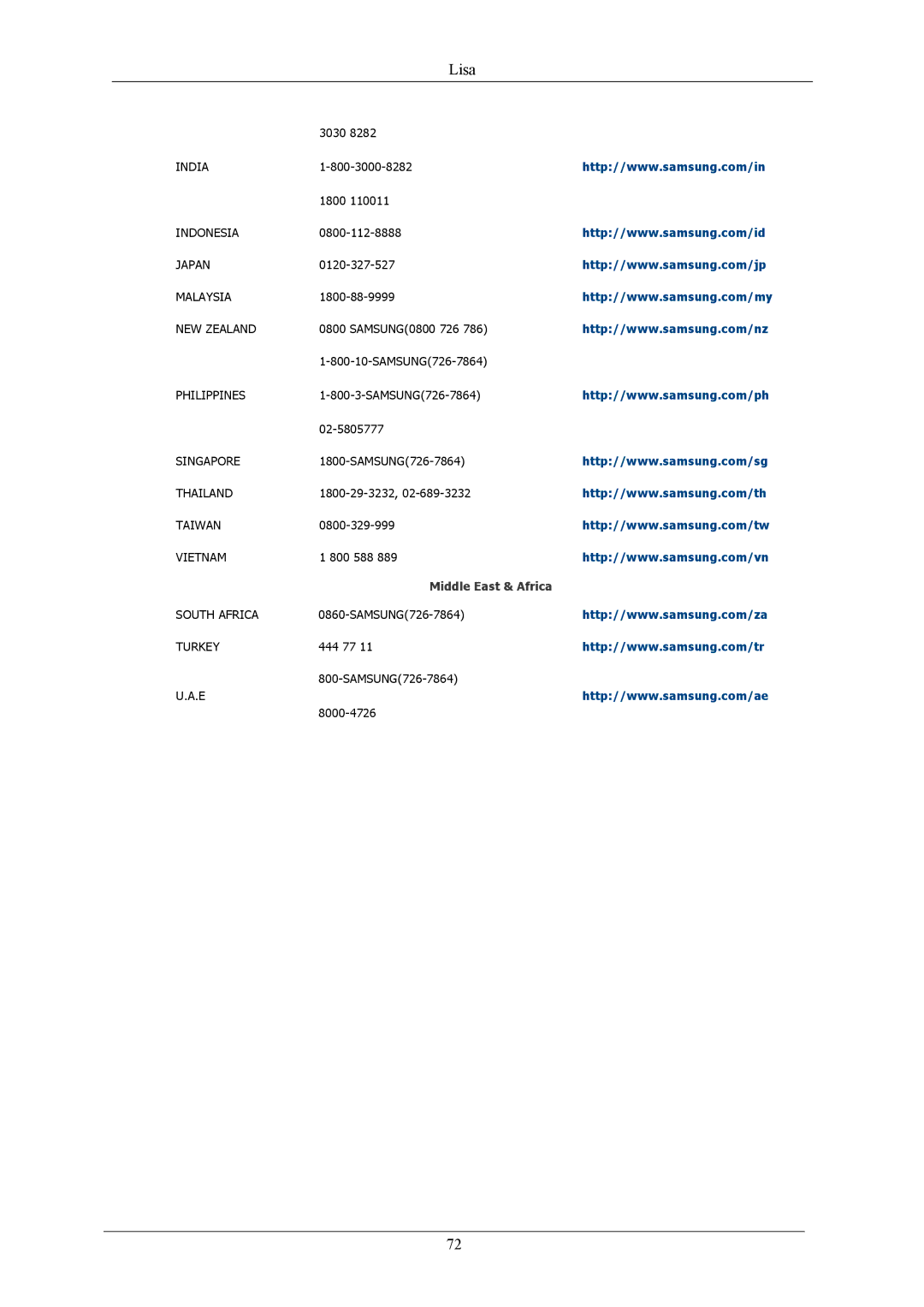 Samsung LS22AQWJFV/EDC, LS20AQWJFV/EDC manual Asia Pacific, Middle East & Africa 