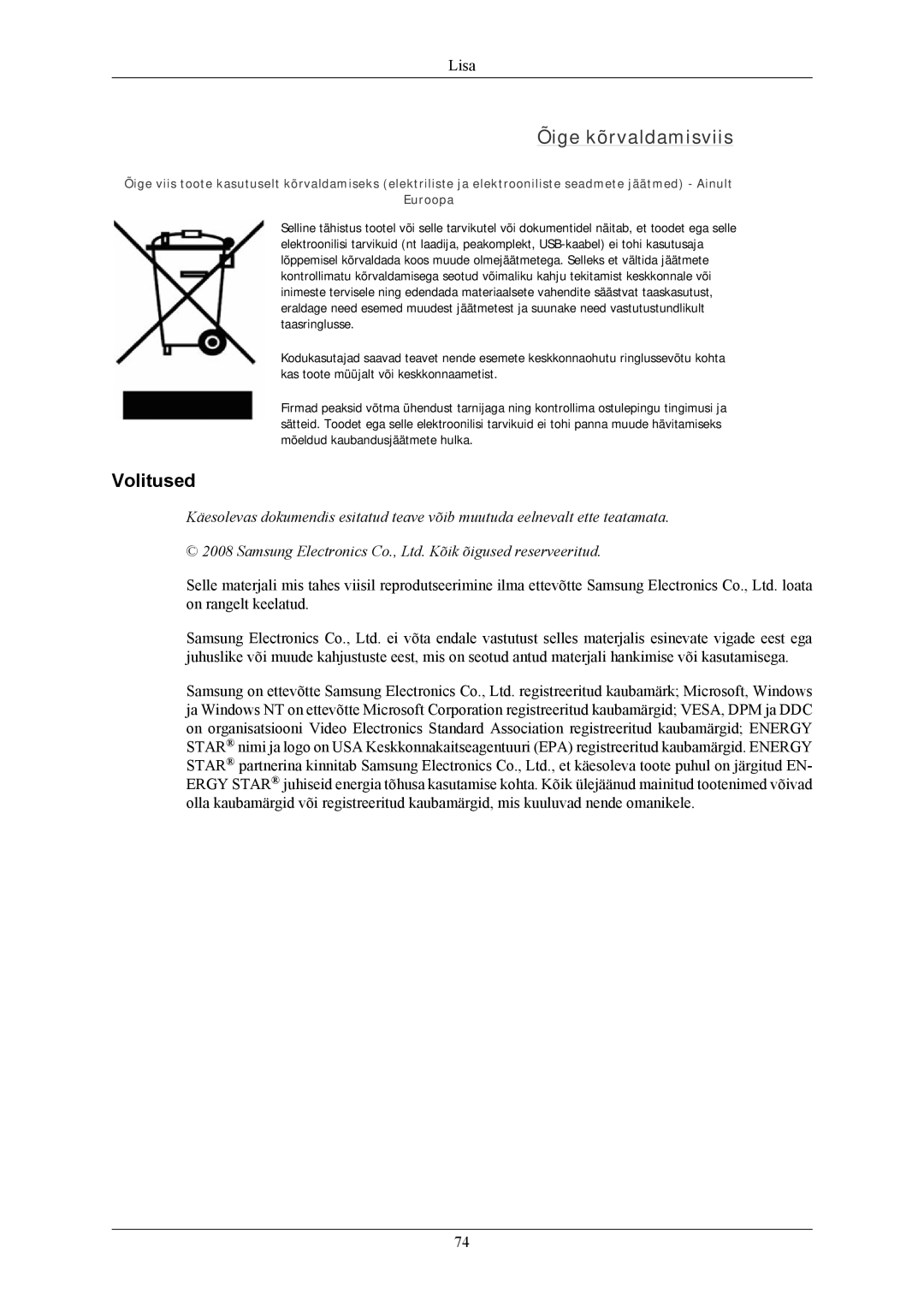 Samsung LS22AQWJFV/EDC, LS20AQWJFV/EDC manual Õige kõrvaldamisviis, Volitused 