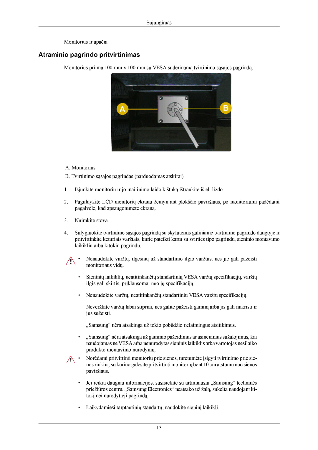 Samsung LS20AQWJFV/EDC, LS22AQWJFV/EDC manual Atraminio pagrindo pritvirtinimas 