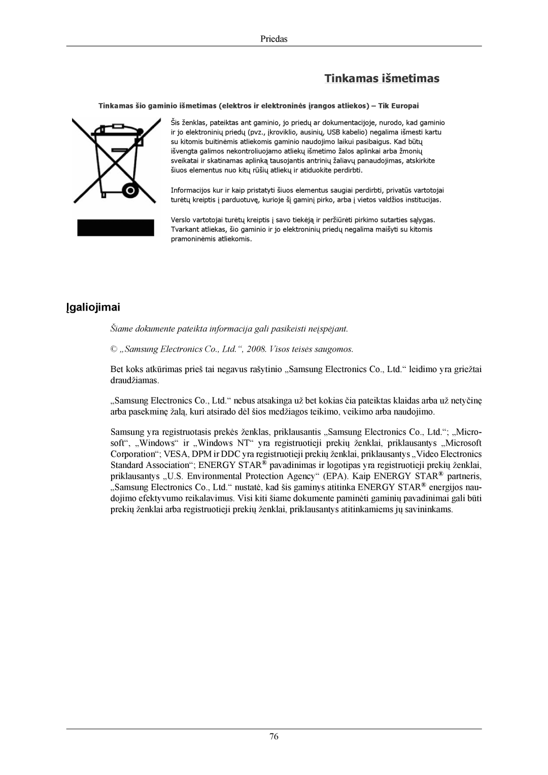 Samsung LS20AQWJFV/EDC, LS22AQWJFV/EDC manual Tinkamas išmetimas, Įgaliojimai 