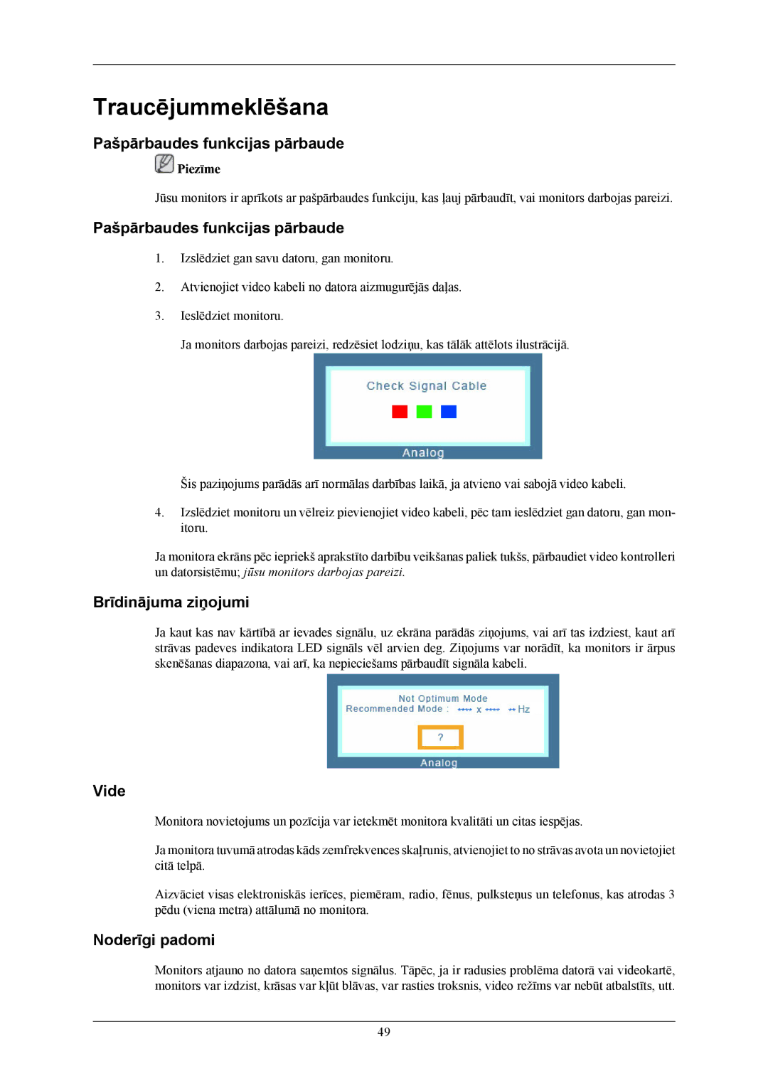 Samsung LS20AQWJFV/EDC Traucējummeklēšana, Pašpārbaudes funkcijas pārbaude, Brīdinājuma ziņojumi, Vide, Noderīgi padomi 