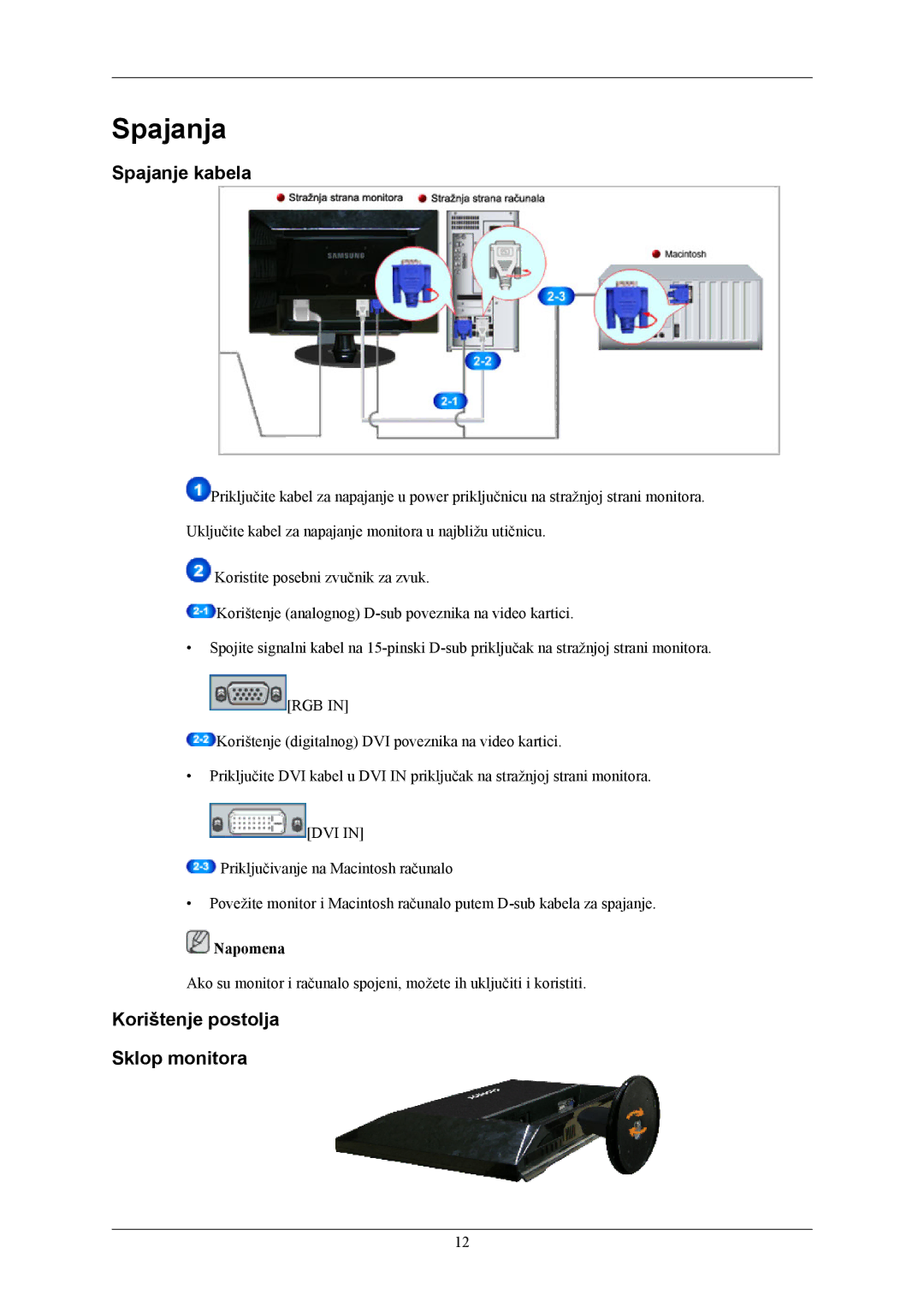 Samsung LS22AQWJFV/EDC, LS20AQWJFV/EDC manual Spajanja, Spajanje kabela, Korištenje postolja Sklop monitora 