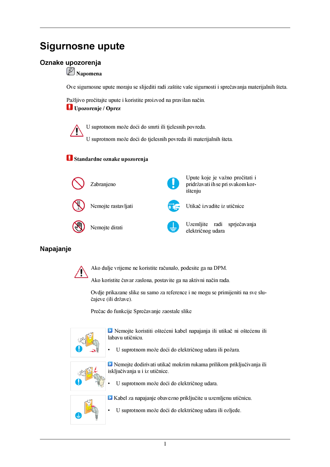 Samsung LS20AQWJFV/EDC, LS22AQWJFV/EDC manual Sigurnosne upute, Oznake upozorenja, Napajanje 