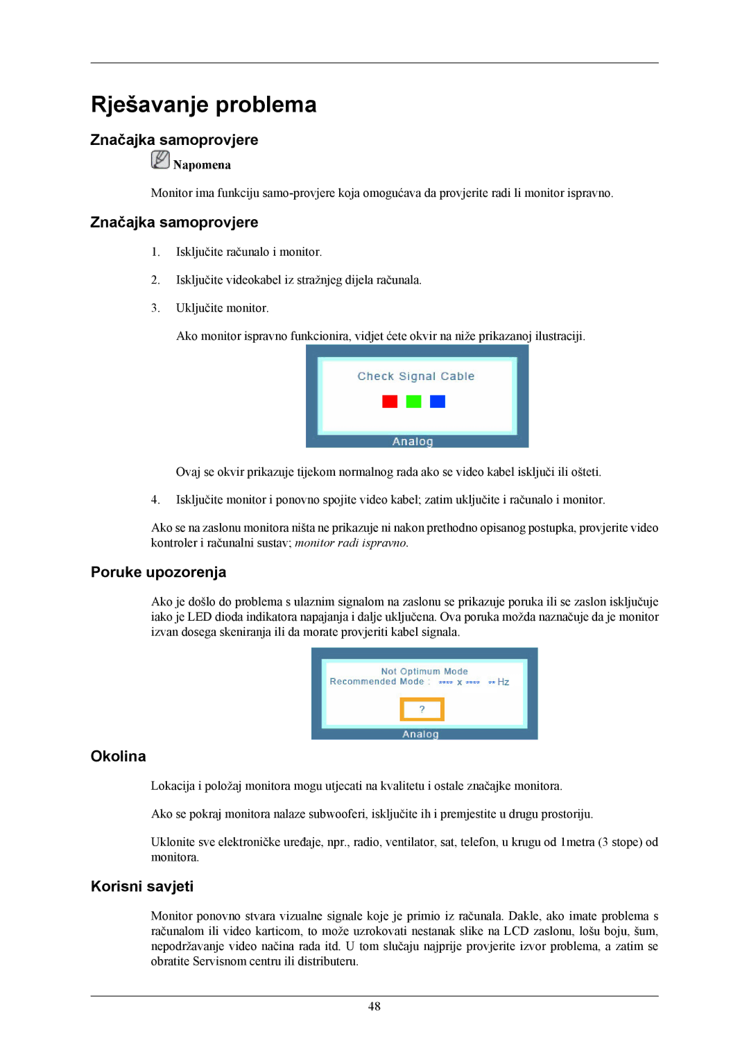 Samsung LS22AQWJFV/EDC manual Rješavanje problema, Značajka samoprovjere, Poruke upozorenja, Okolina, Korisni savjeti 