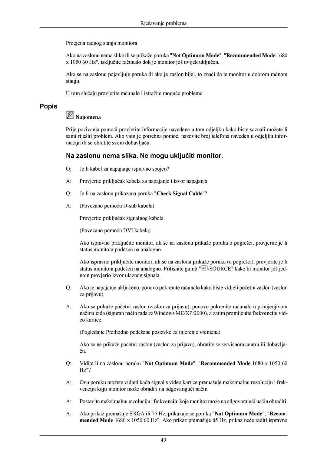 Samsung LS20AQWJFV/EDC, LS22AQWJFV/EDC manual Popis, Na zaslonu nema slika. Ne mogu uključiti monitor 