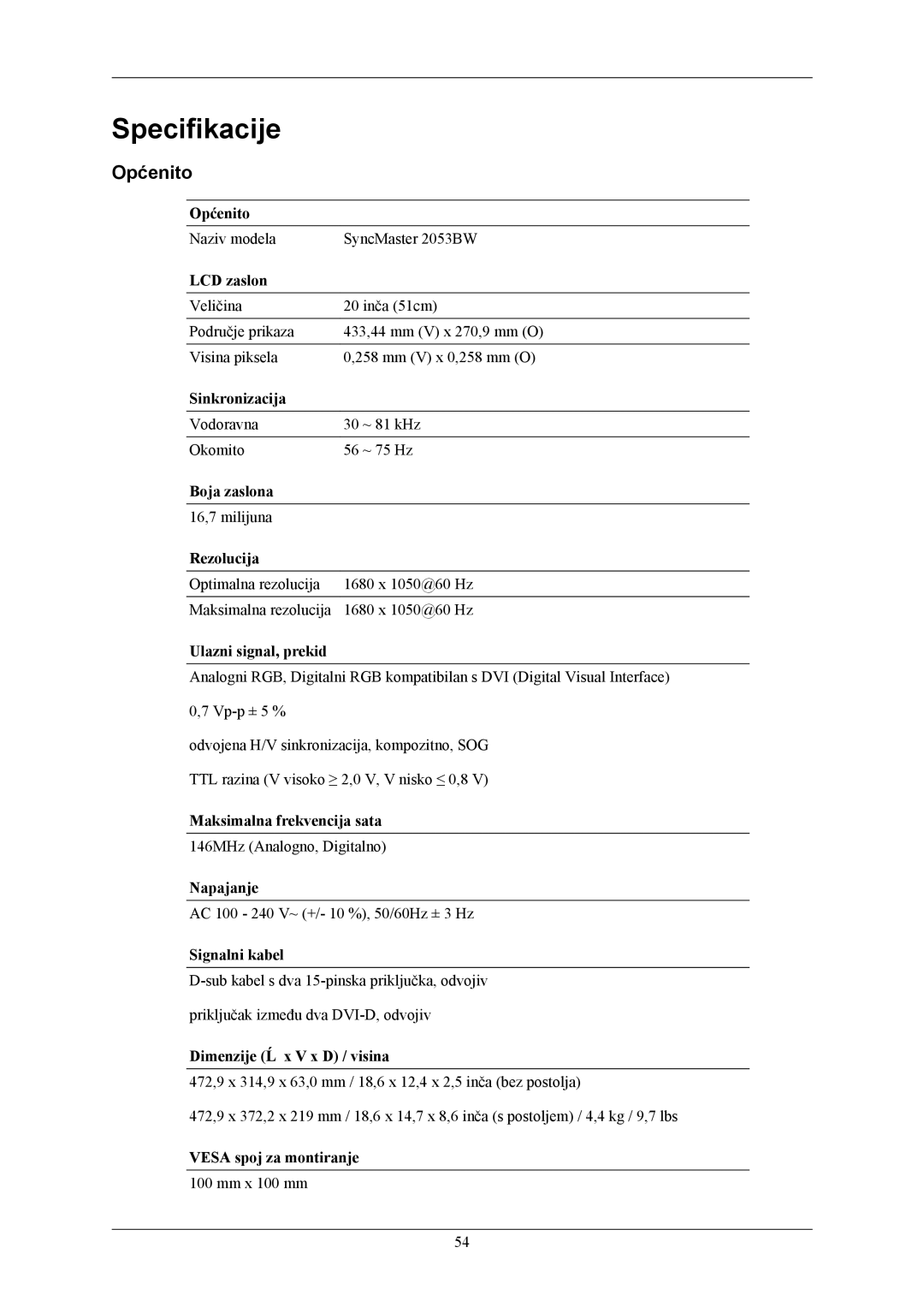 Samsung LS22AQWJFV/EDC, LS20AQWJFV/EDC manual Specifikacije, Općenito 