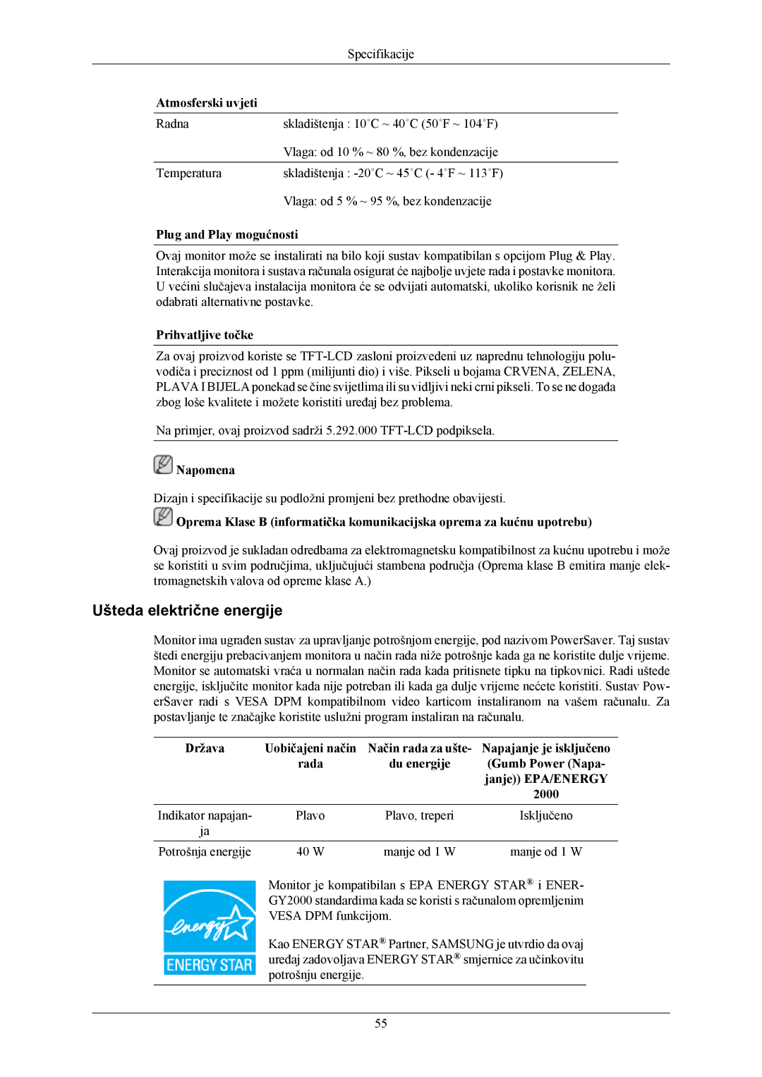 Samsung LS20AQWJFV/EDC manual Ušteda električne energije, Atmosferski uvjeti, Plug and Play mogućnosti, Prihvatljive točke 