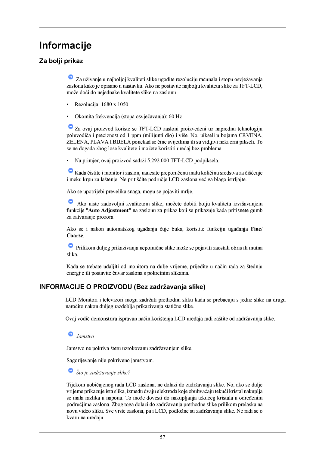 Samsung LS20AQWJFV/EDC, LS22AQWJFV/EDC manual Za bolji prikaz, Informacije O Proizvodu Bez zadržavanja slike 