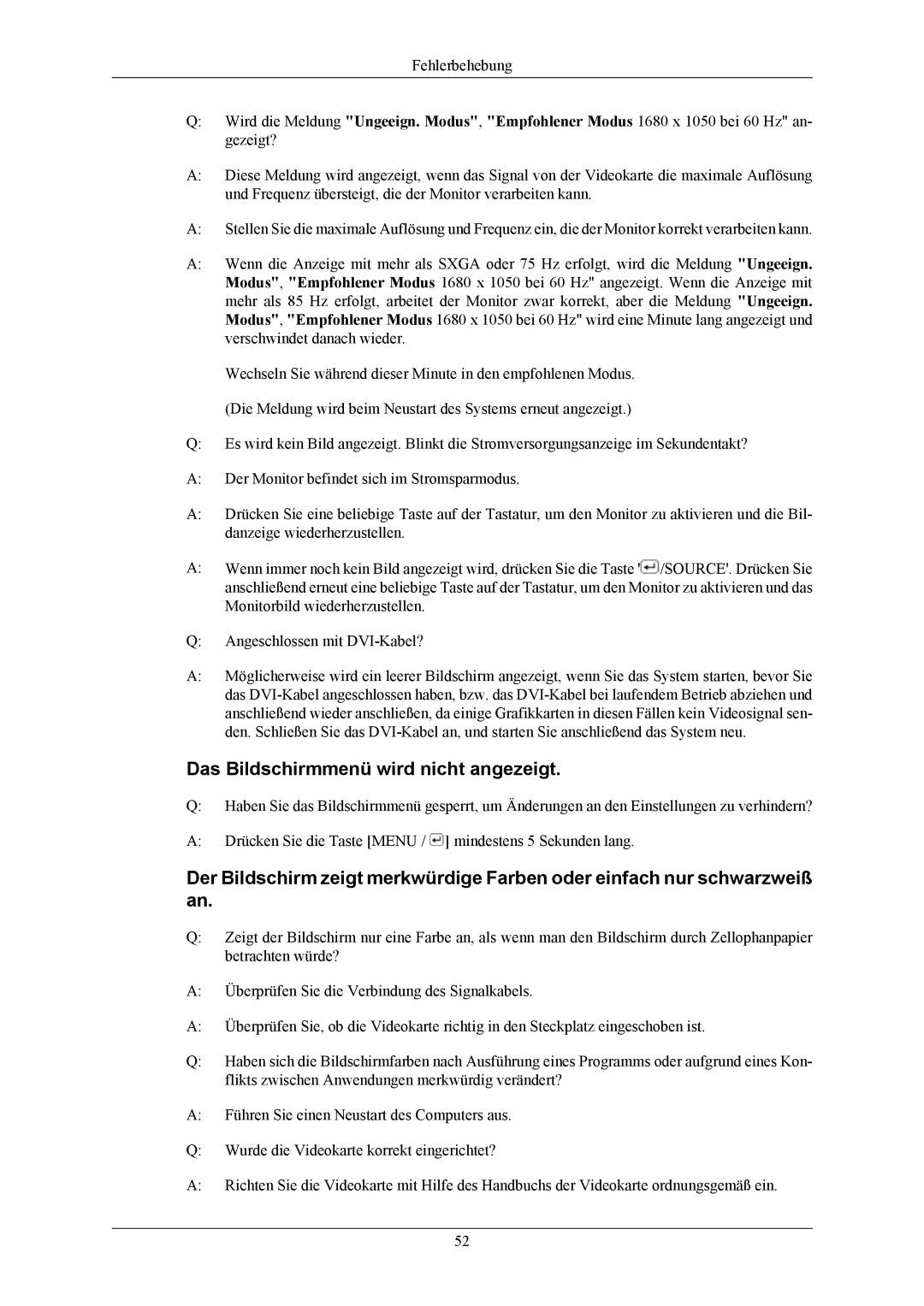 Samsung LS20AQWJFV/EDC manual Das Bildschirmmenü wird nicht angezeigt 