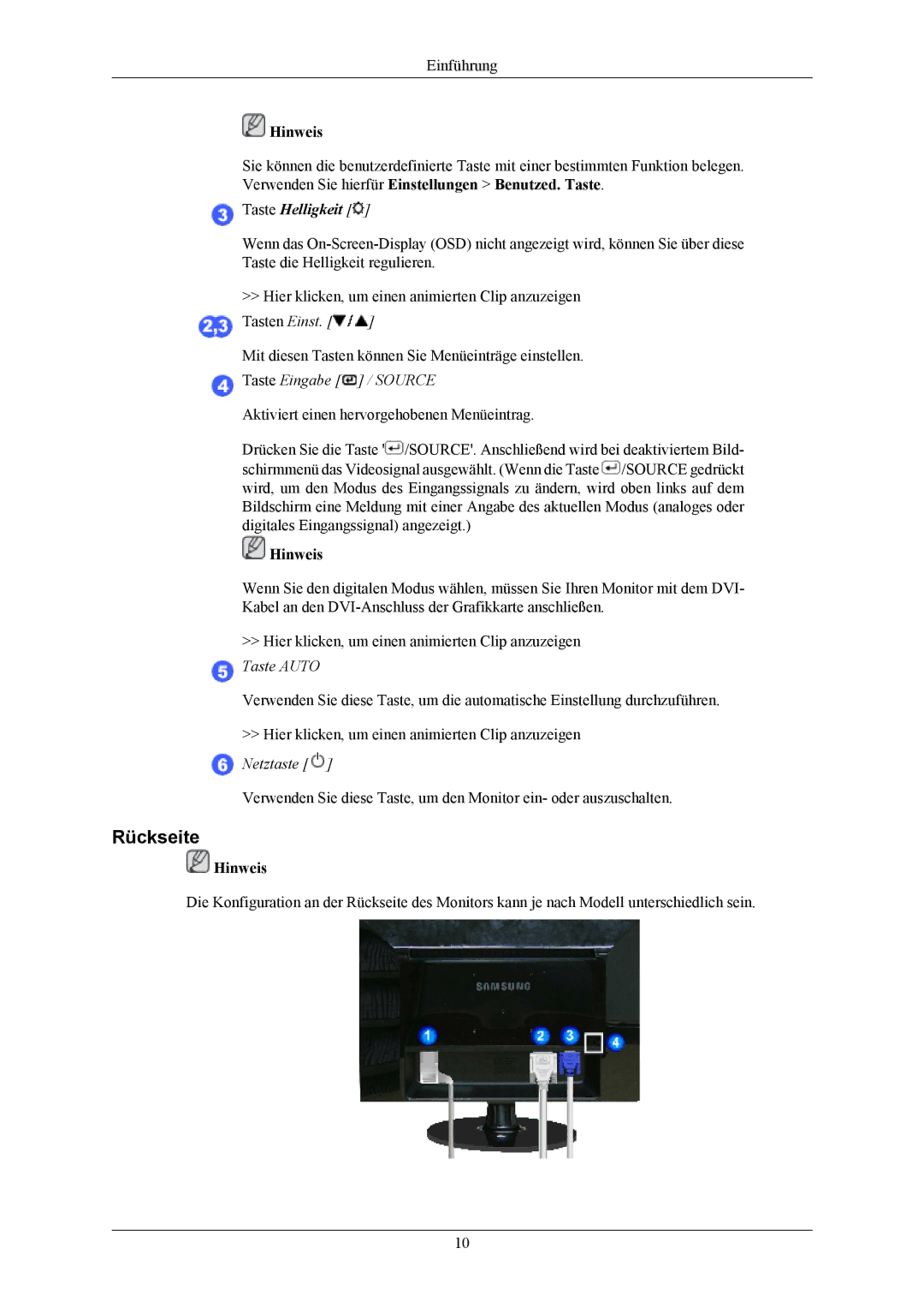 Samsung LS20AQWJFV/EDC manual Rückseite, Taste Eingabe / Source, Netztaste 