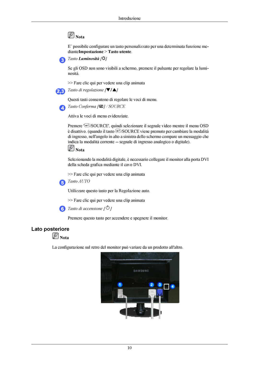 Samsung LS20AQWJFV/EDC manual Lato posteriore, Tasto Conferma / Source, Tasto di accensione 