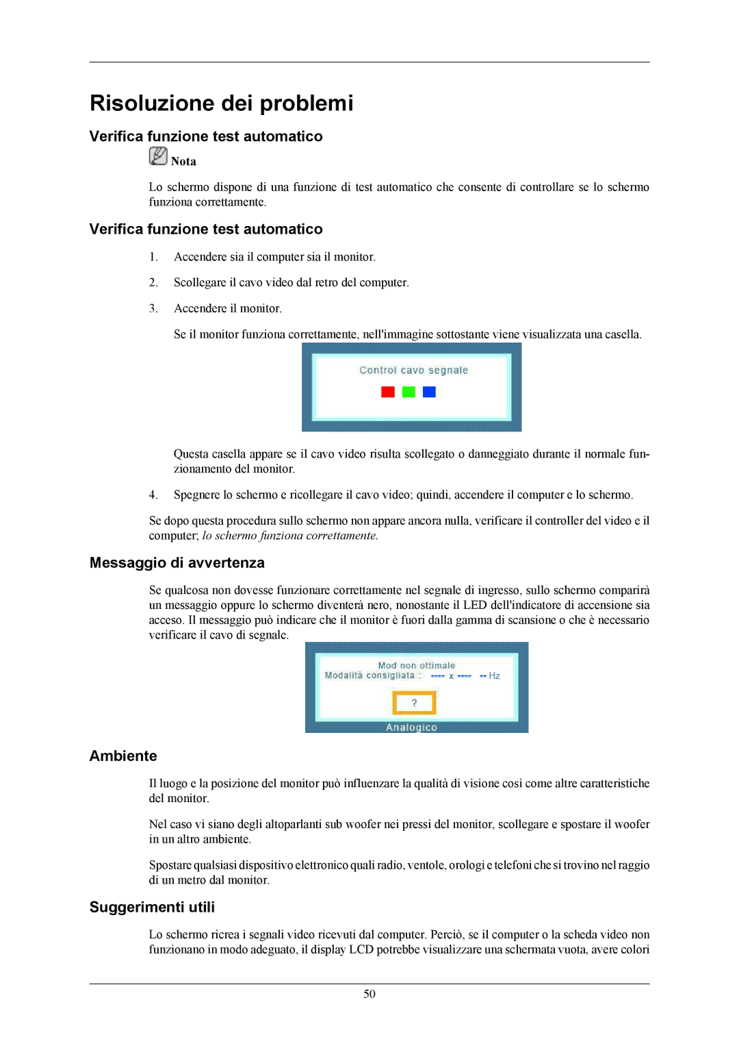 Samsung LS20AQWJFV/EDC Risoluzione dei problemi, Verifica funzione test automatico, Messaggio di avvertenza, Ambiente 