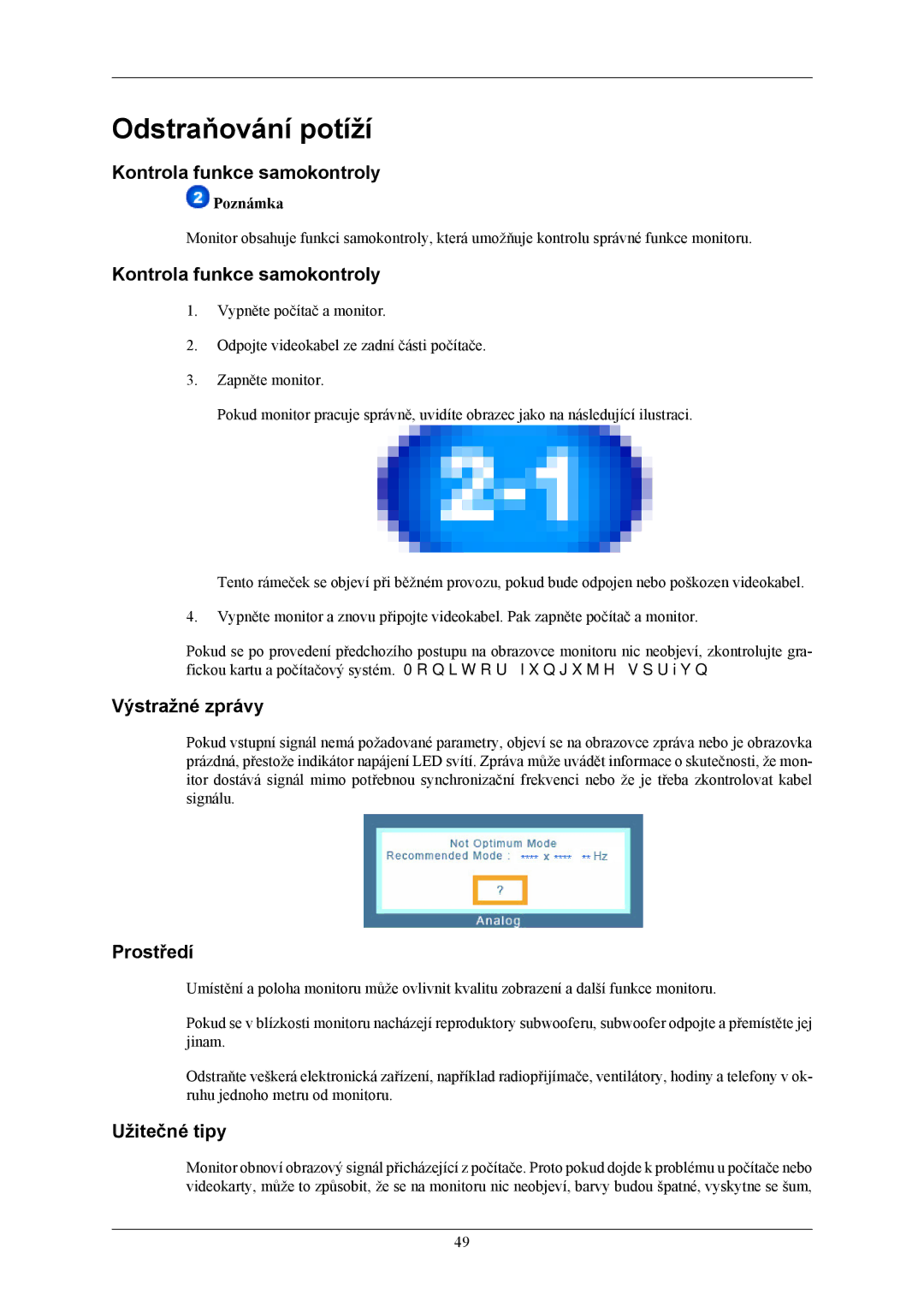 Samsung LS20AQWJFV/EDC manual Odstraňování potíží, Kontrola funkce samokontroly, Výstražné zprávy, Prostředí, Užitečné tipy 