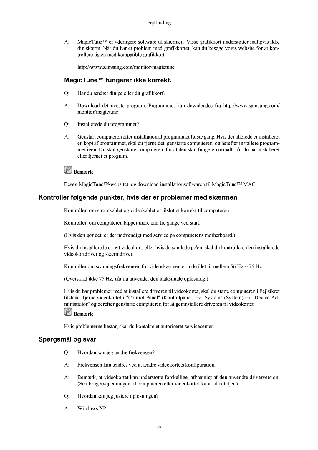 Samsung LS20AQWJFV/EDC manual MagicTune fungerer ikke korrekt, Spørgsmål og svar 