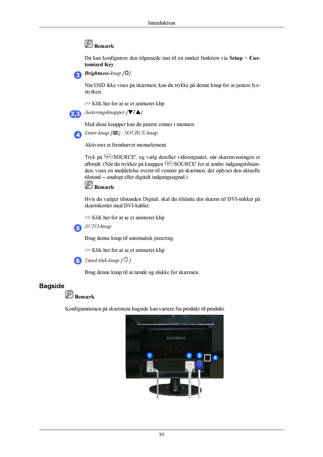 Samsung LS20AQWJFV/EDC manual Bagside, Enter-knap / SOURCE-knap, Tænd/sluk-knap 