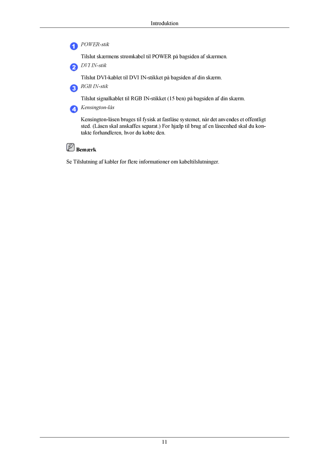 Samsung LS20AQWJFV/EDC manual POWER-stik, DVI IN-stik, RGB IN-stik, Kensington-lås 