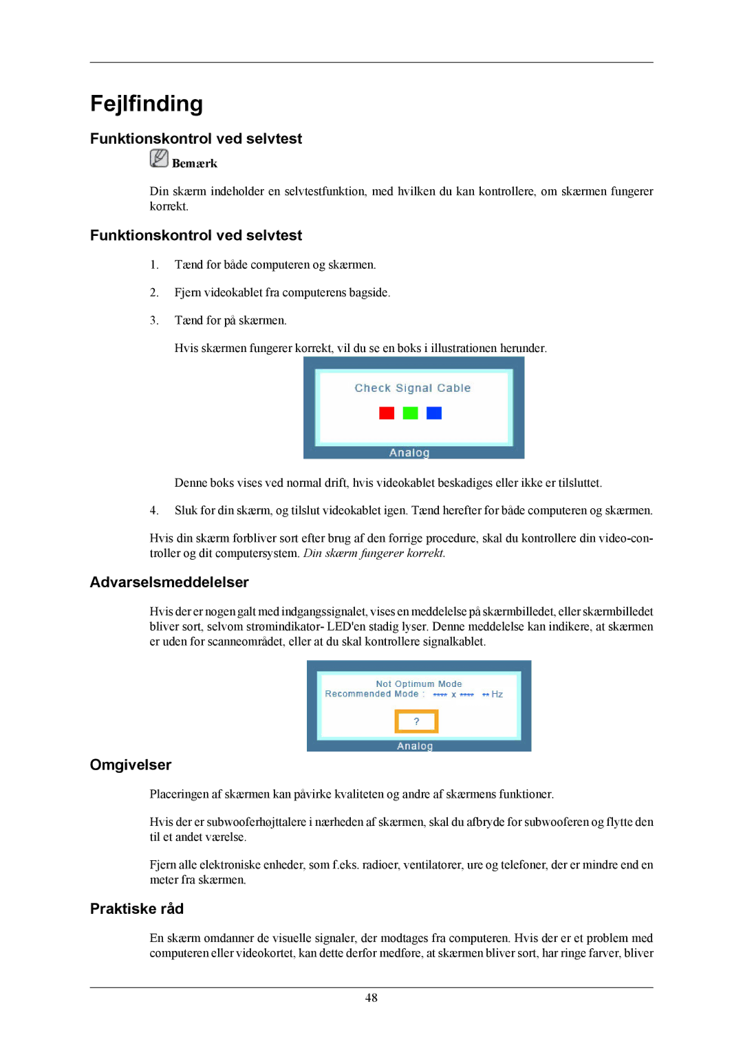 Samsung LS20AQWJFV/EDC manual Fejlfinding, Funktionskontrol ved selvtest, Omgivelser, Praktiske råd 