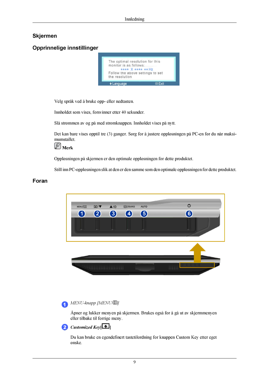 Samsung LS20AQWJFV/EDC manual Skjermen Opprinnelige innstillinger, Foran, MENU-knapp Menu 