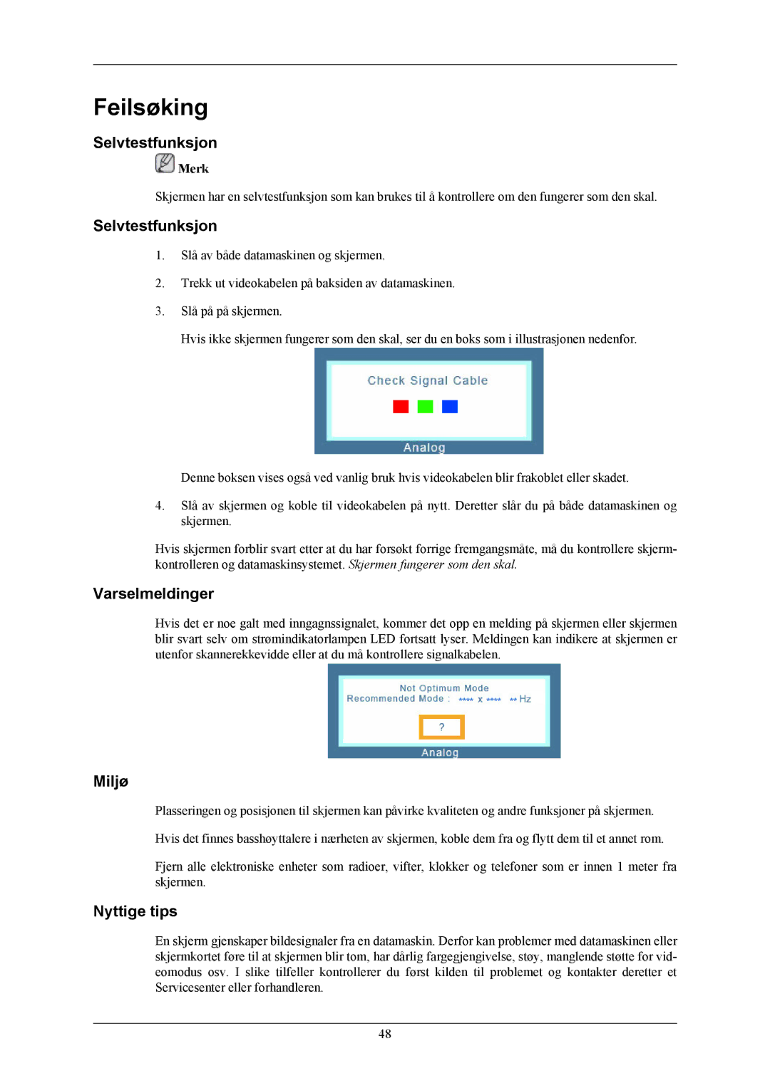 Samsung LS20AQWJFV/EDC manual Feilsøking, Selvtestfunksjon, Varselmeldinger, Miljø, Nyttige tips 