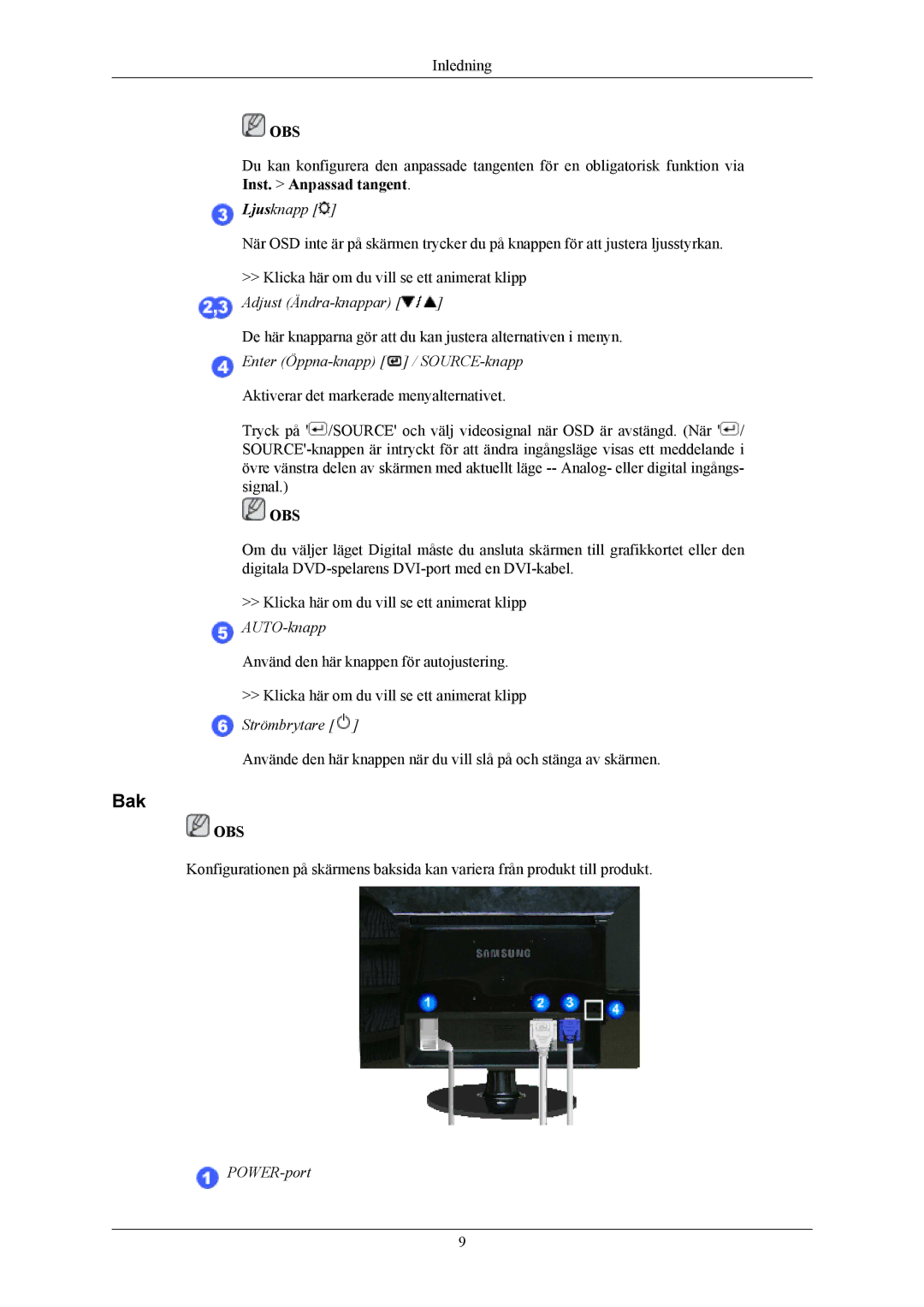 Samsung LS20AQWJFV/EDC manual Bak, Ljusknapp, Enter Öppna-knapp / SOURCE-knapp, Strömbrytare, POWER-port 