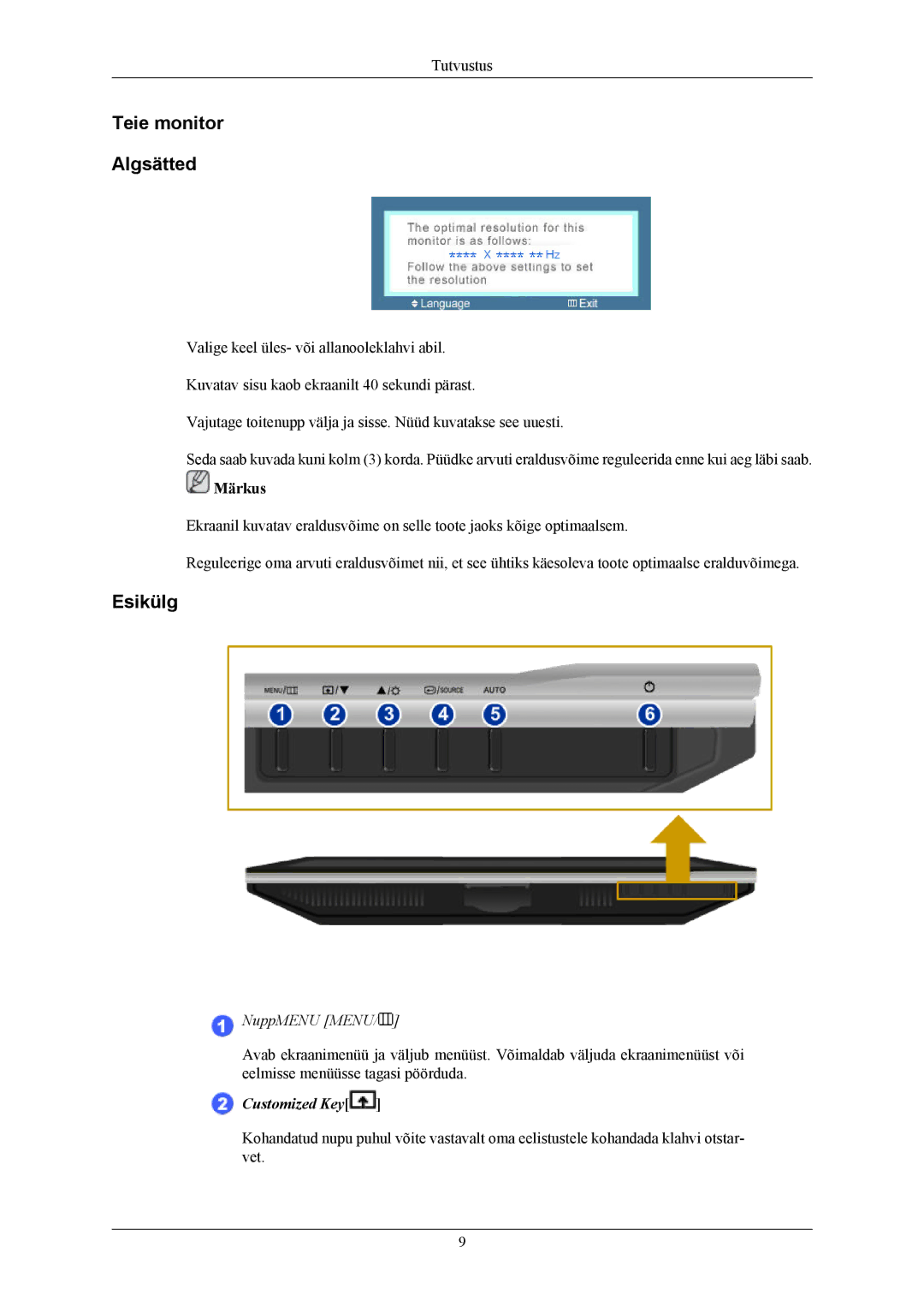 Samsung LS20AQWJFV/EDC manual Teie monitor Algsätted, Esikülg, NuppMENU Menu 