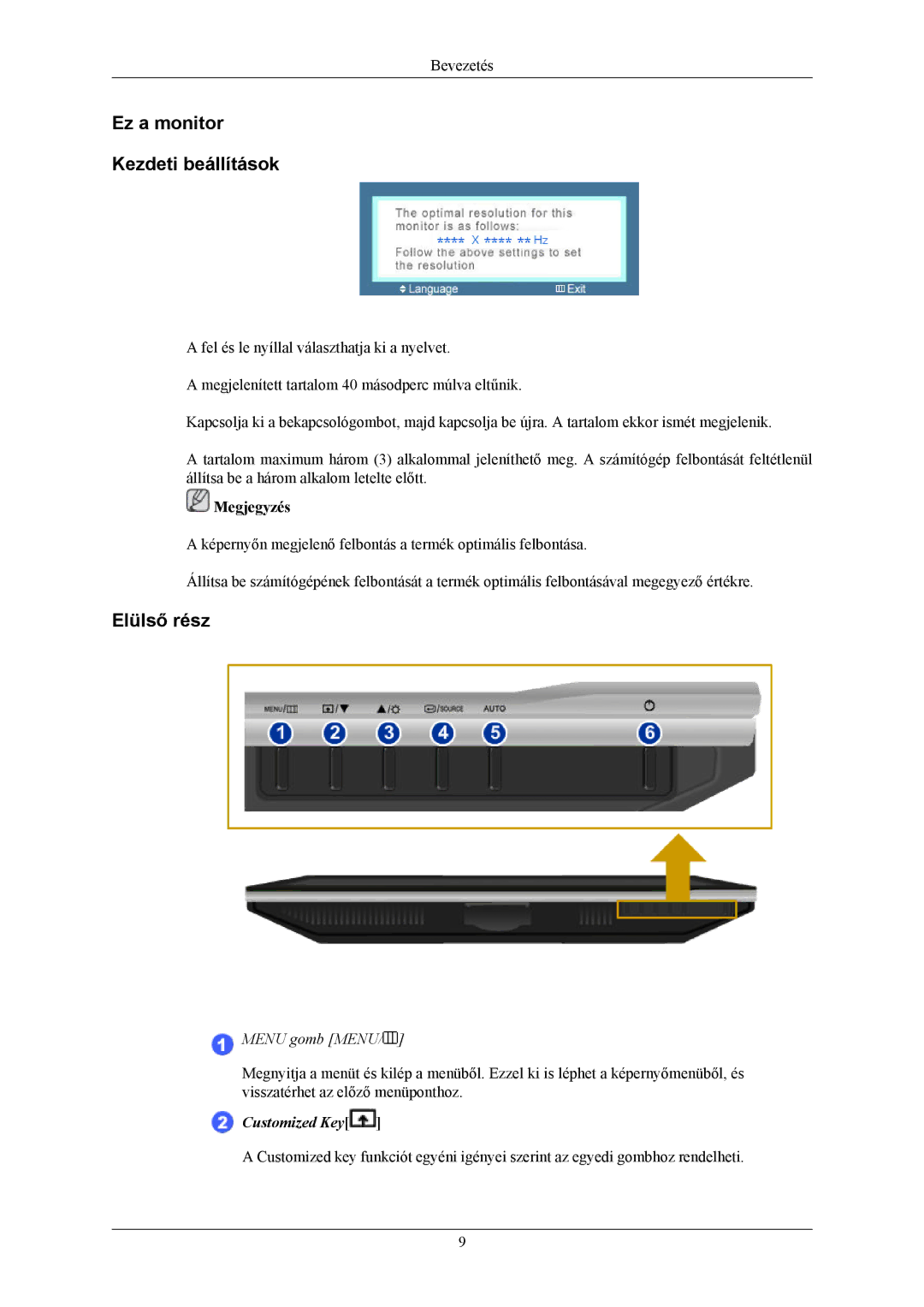 Samsung LS20AQWJFV/EDC manual Ez a monitor Kezdeti beállítások, Elülső rész, Menu gomb Menu 