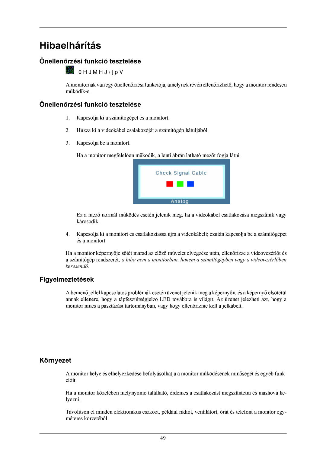 Samsung LS20AQWJFV/EDC manual Hibaelhárítás, Önellenőrzési funkció tesztelése, Figyelmeztetések, Környezet 